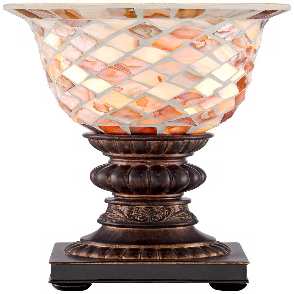 Traditional Uplight Accent Table Lamp - A 12" High Bronze Brown Mosaic with Ivory Glass Shade, Perfect for Bedroom Bedside, Nightstand, and Home Office