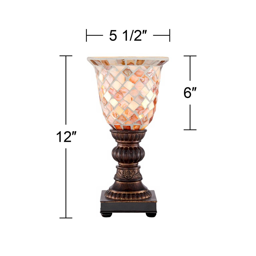 Traditional Uplight Accent Table Lamp - A 12" High Bronze Brown Mosaic with Ivory Glass Shade, Perfect for Bedroom Bedside, Nightstand, and Home Office