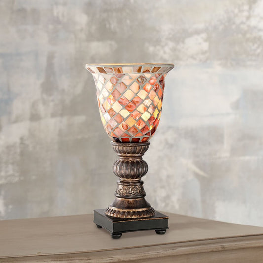 Traditional Uplight Accent Table Lamp - A 12" High Bronze Brown Mosaic with Ivory Glass Shade, Perfect for Bedroom Bedside, Nightstand, and Home Office