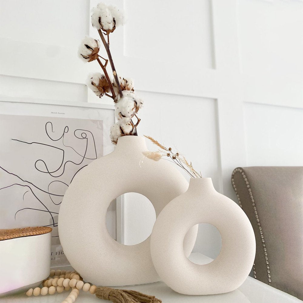 Set of 2 White Ceramic Donut Vases - Contemporary Farmhouse Decor, Ideal for Bookshelf, Mantel, Table, or Fireplace Display