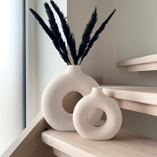 Set of 2 White Ceramic Donut Vases - Contemporary Farmhouse Decor, Ideal for Bookshelf, Mantel, Table, or Fireplace Display