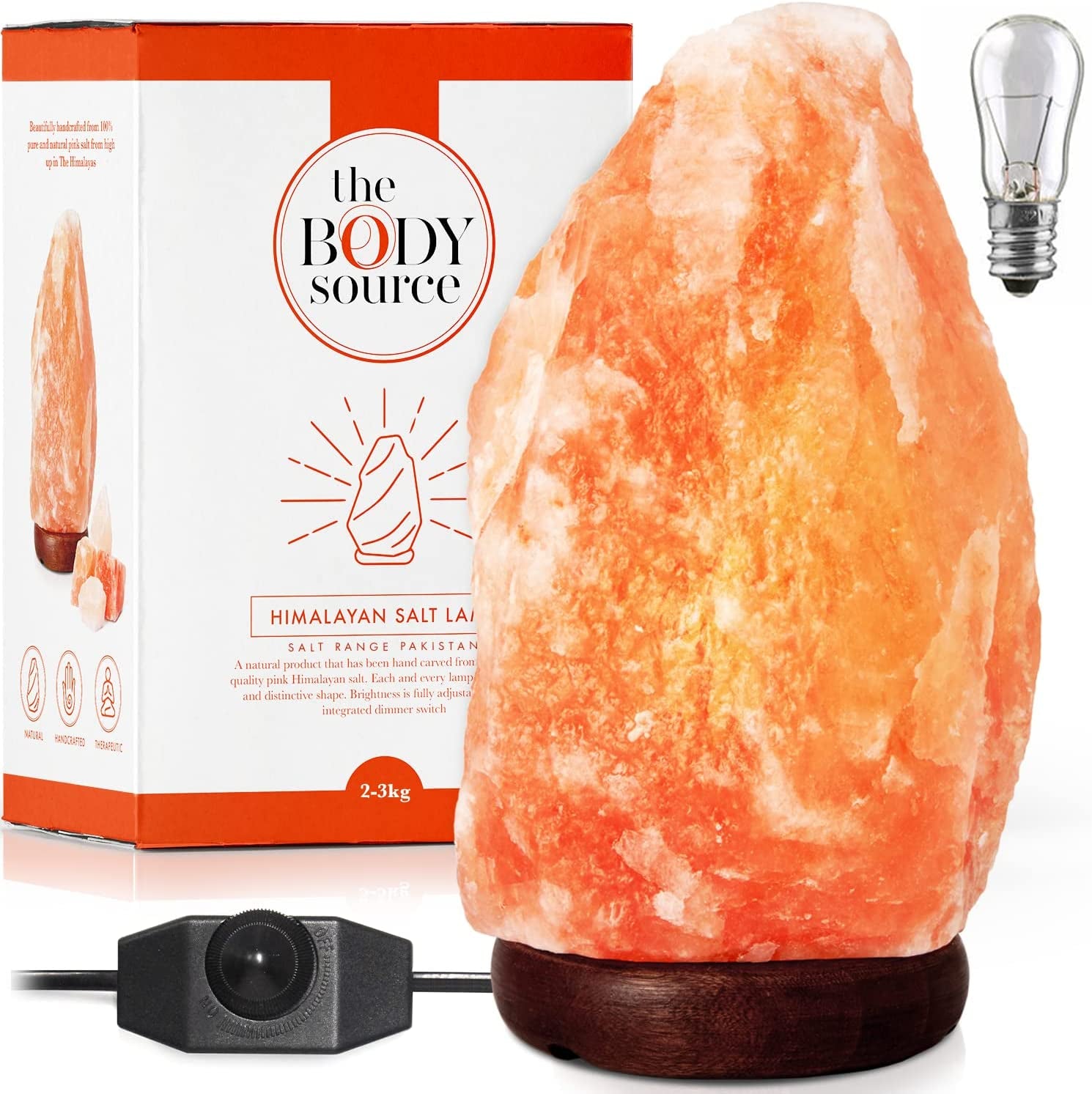 All-Natural Pink Himalayan Salt Lamp (8-10 inches, 7-11 lbs) with Handcrafted Wooden Base, Dimmer Switch, Night Light and Replacement Bulb