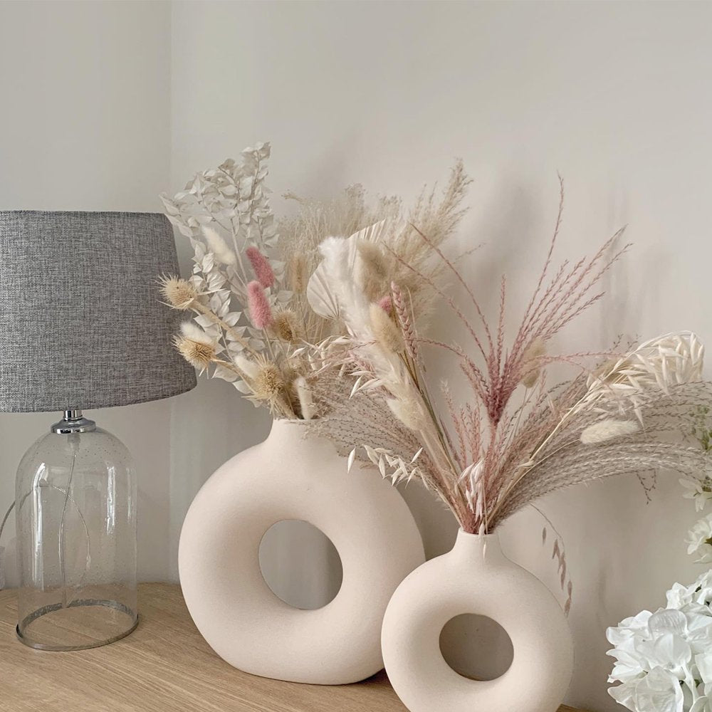 Set of 2 White Ceramic Donut Vases - Contemporary Farmhouse Decor, Ideal for Bookshelf, Mantel, Table, or Fireplace Display