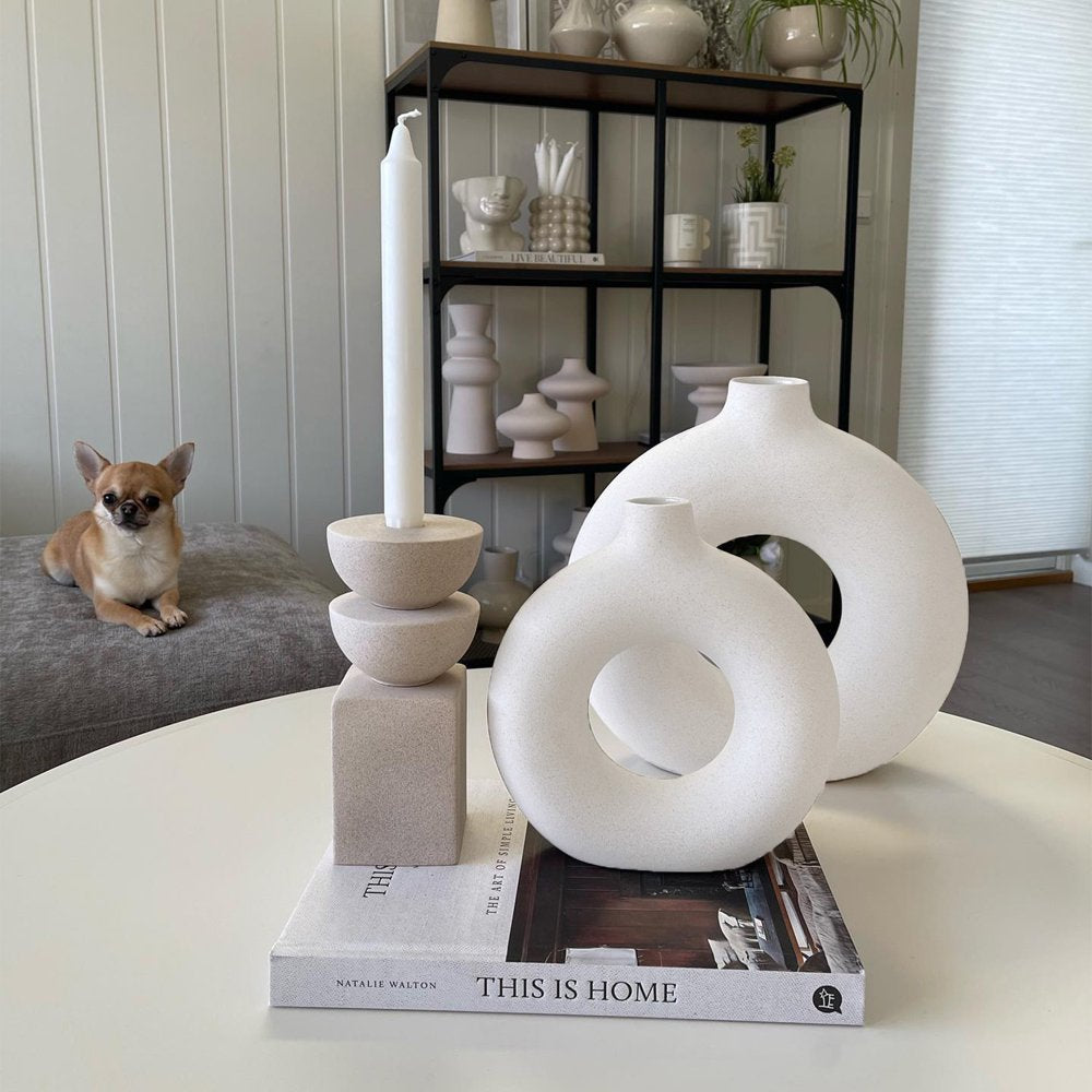 Set of 2 White Ceramic Donut Vases - Contemporary Farmhouse Decor, Ideal for Bookshelf, Mantel, Table, or Fireplace Display