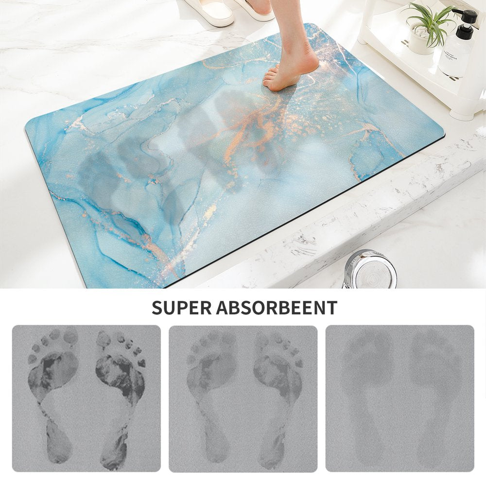 Water Blue Alcohol Ink and Metallic Silver Bath Mat Rug: A Super Absorbent, Ultra Thin, Non-Slip Bathroom Floor Mat in a Stunning Artistic Design