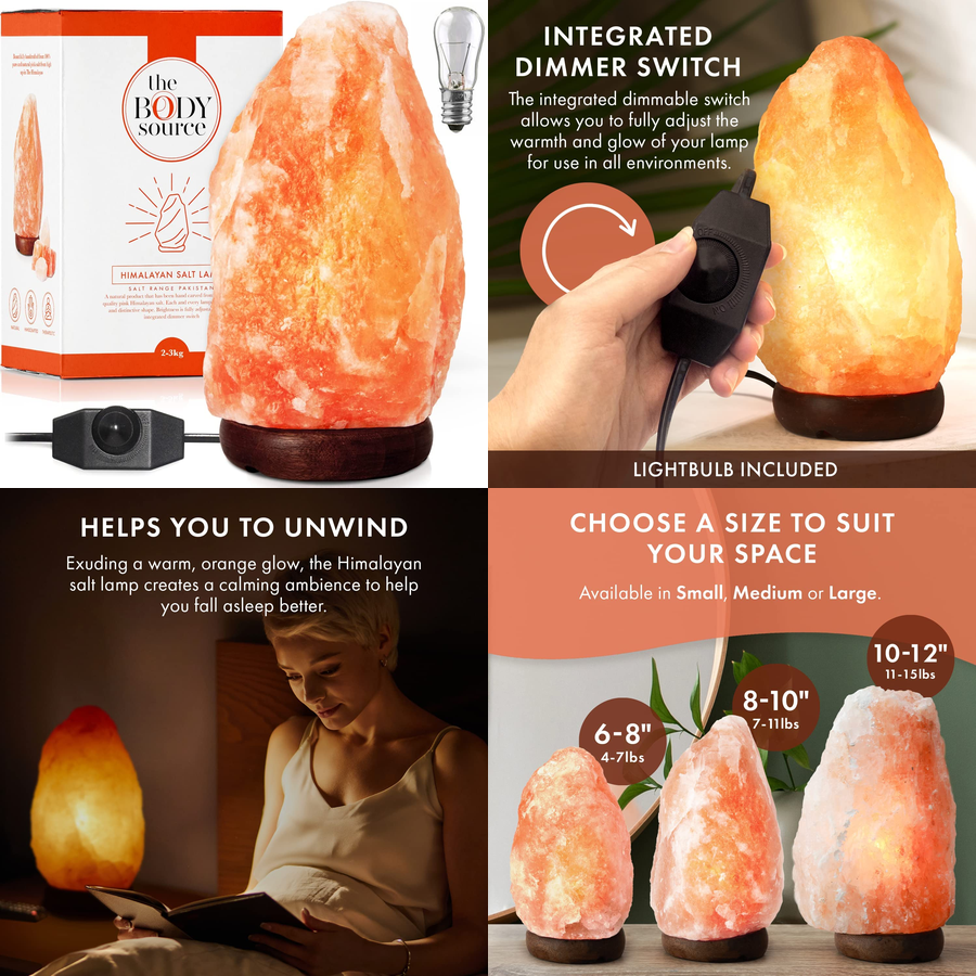 All-Natural Pink Himalayan Salt Lamp (8-10 inches, 7-11 lbs) with Handcrafted Wooden Base, Dimmer Switch, Night Light and Replacement Bulb