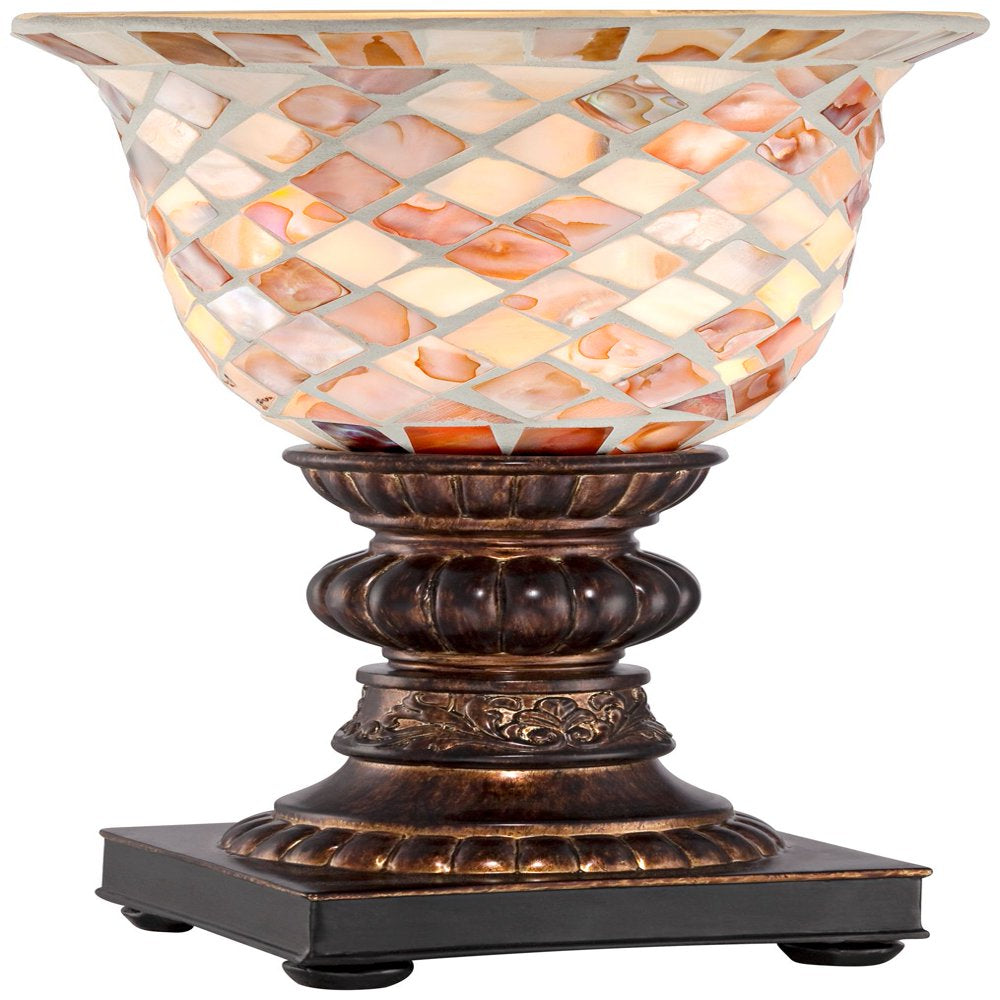 Traditional Uplight Accent Table Lamp - A 12" High Bronze Brown Mosaic with Ivory Glass Shade, Perfect for Bedroom Bedside, Nightstand, and Home Office